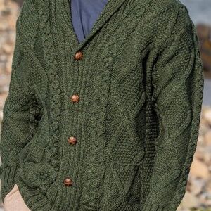 Men’s Heritage Aran Shawl Collar Button Cardigan olive green made Ireland 🇮🇪